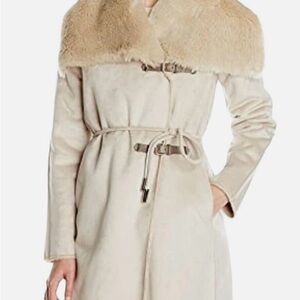 Calvin Klein Cream/Tan Faux Shearling& Faux Fur Collar Buckle Closure Coat, L